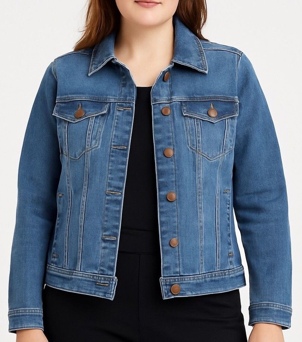 One Five one Jean Jacket Womens 1X Long Sleeve Distressed Button Up Blue Denim